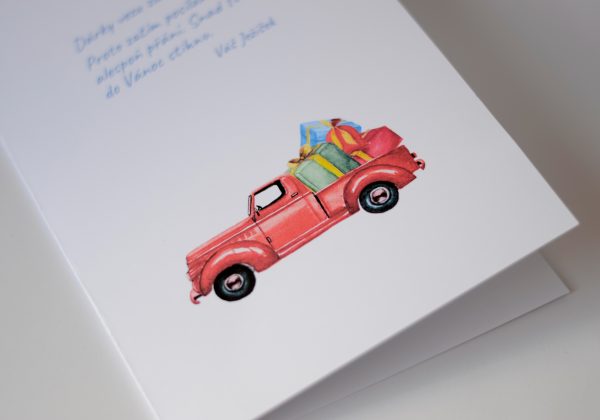 Vtipné vánoční přání s textem a kresleným autem s dárky 4