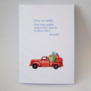 Vtipné vánoční přání s textem a kresleným autem s dárky