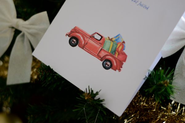 Vtipné vánoční přání s textem a kresleným autem s dárky 7