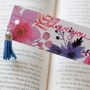 Květinová záložka do knihy s modrým střapcem